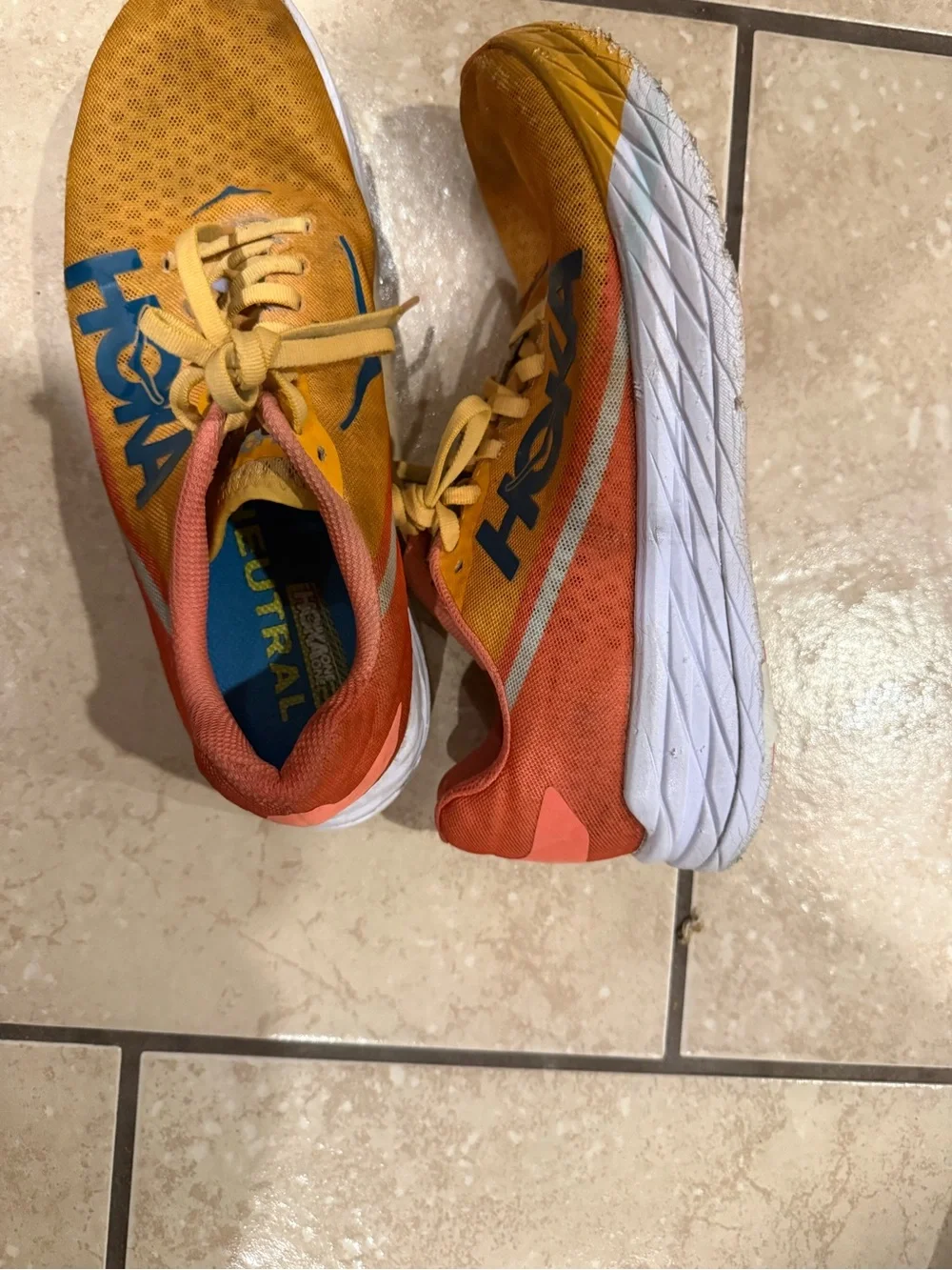 Hoka one ladies size 9.5 shoes Yellow-Orange Athletic Sneakers with Blue Accents
